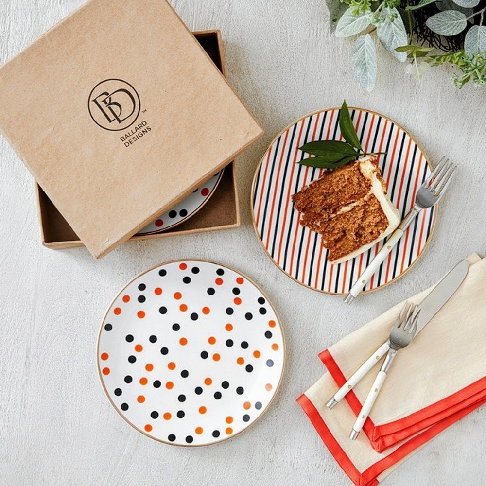 BALLARD DESIGNS 4 Accent Plates Orange & Black Scatter Dot & Multi-Stripe Design